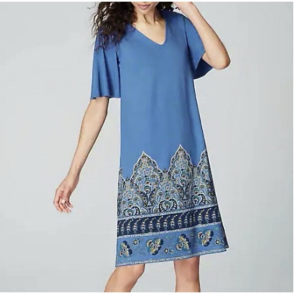J Jill Wearever Blue Border Print Dress V Neck Short Sleeve Boho Casual S A-Line